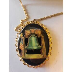 Vtg Liberty Bell Necklace American Filigree Oval Pendant Fashion Jewelry